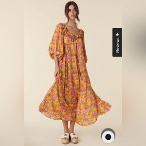 Spell Bohemian Floral Midi Dress in Orange and Pink